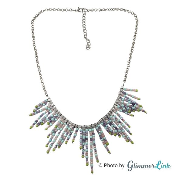 Bohemian Multicolor Pastel Seed Bead Fringe Bib Silver Tone Necklace - Picture 1 of 8